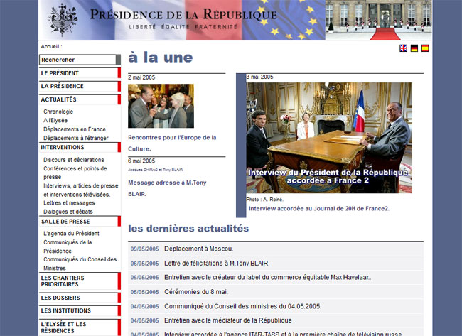 Site web de l'Elysée en mai 2005 - Jacques Chirac