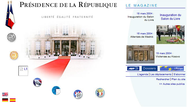 Site web de l'Elysée en mars 2004 - Jacques Chirac
