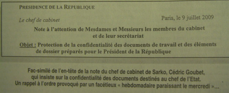 Fac similé d'une note confidentielle de l'Elysée