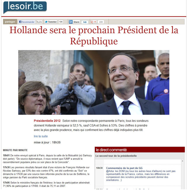 Hollande, président sur Le Soir