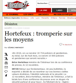 Hortefeux et les effectifs de la police dans Libé