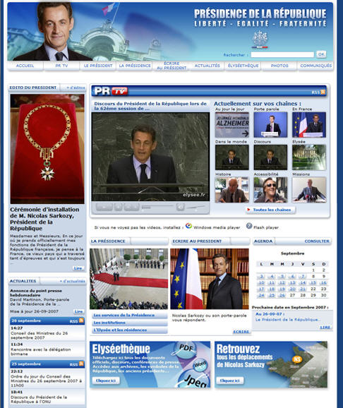 Site web de l'Elysée en septembre 2007 - Nicolas Sarkozy