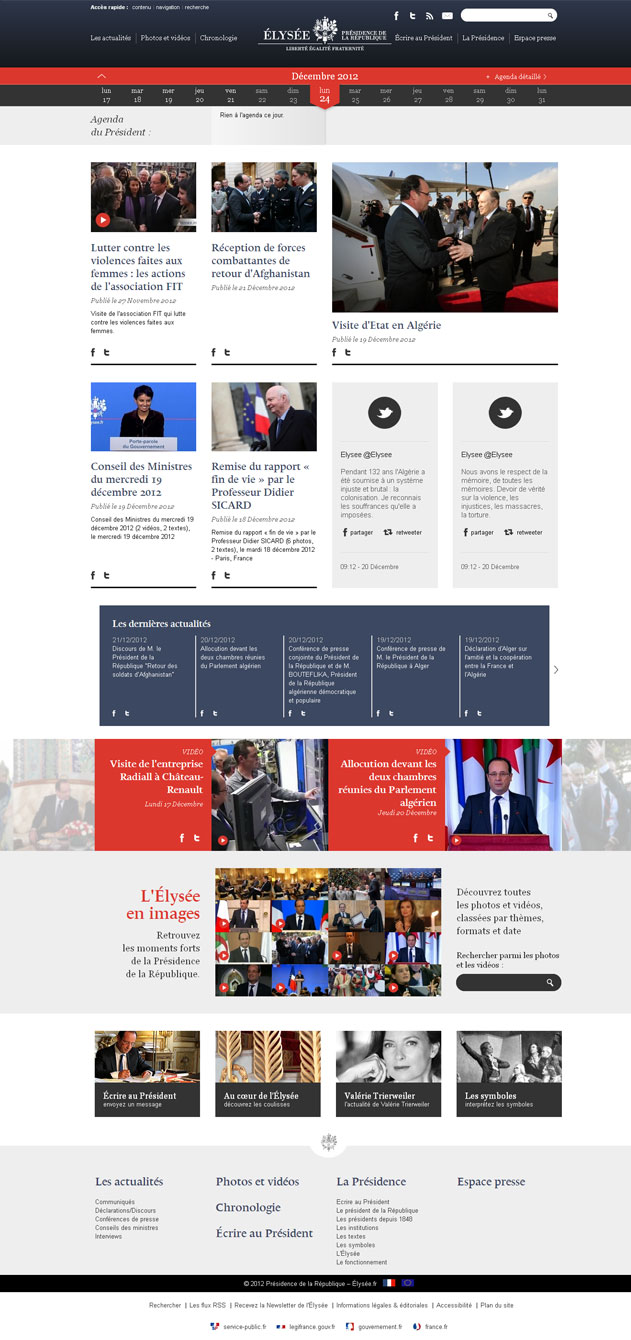 Site web de l'Elysée en décembre 2012 - François Hollande